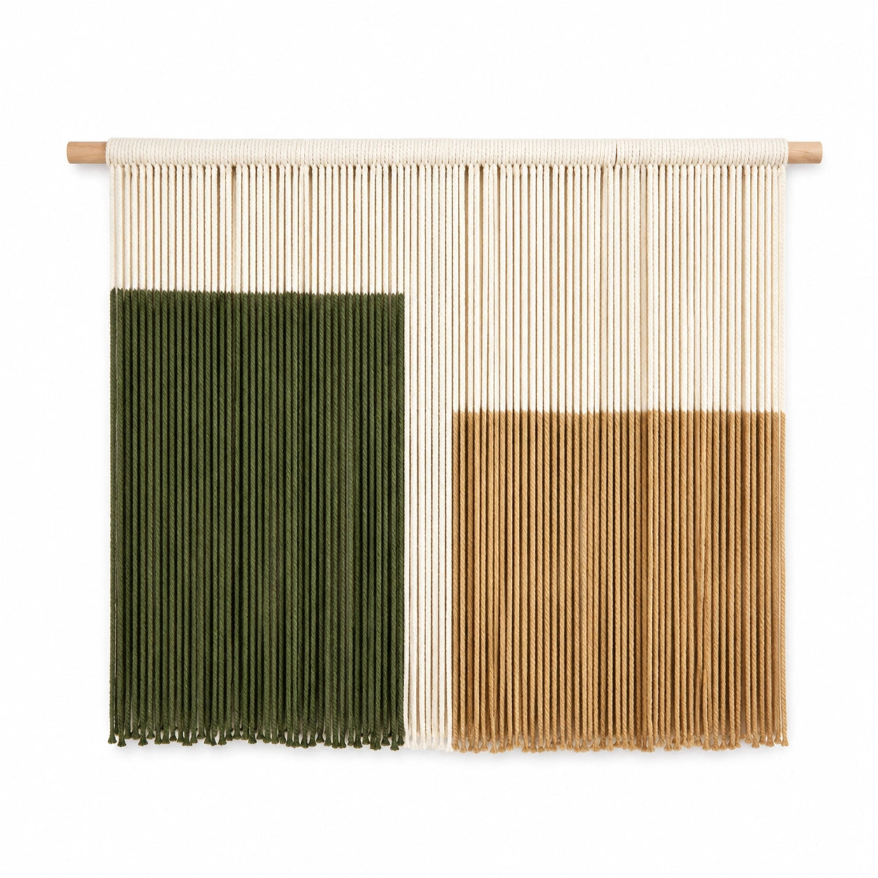 Wandteppich 100 x 90 cm aus Baumwollkordel Grün Beige mit Holzstab im Boho Stil