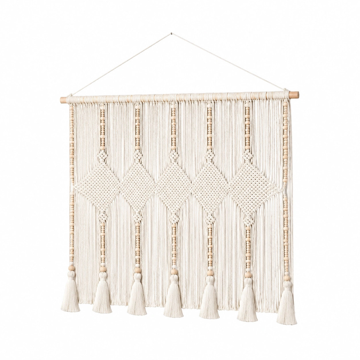 Makramee Wandbehang 80 x 100 cm aus Baumwolle Creme mit Holzperlen im Boho Stil