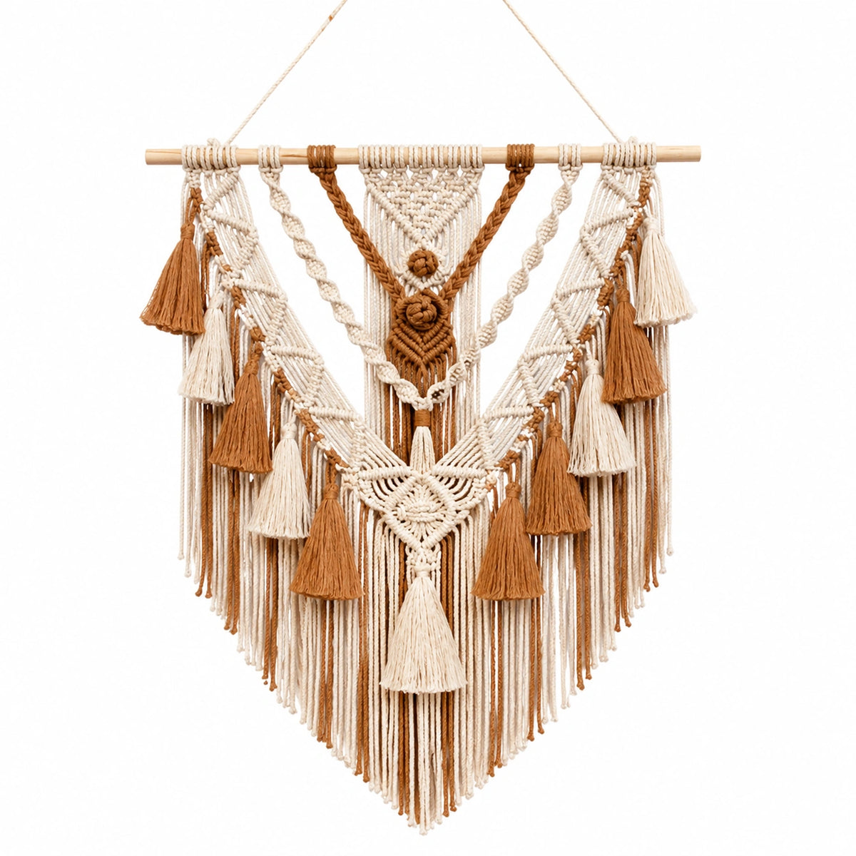 Makramee Wandbehang 50 x 80 cm aus Baumwolle in Creme Braun mit Fransen im Boho Stil