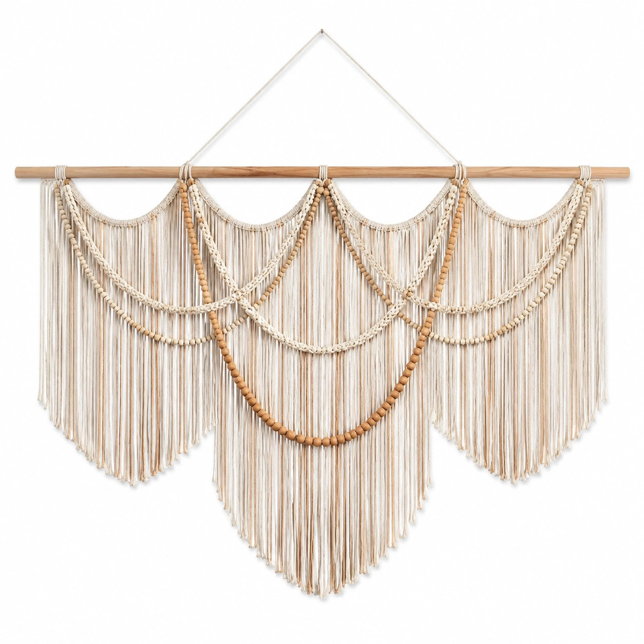 Makramee Wandbehang 120 x 100 cm aus Textilkordel in Beige mit Holzstab im Boho Stil