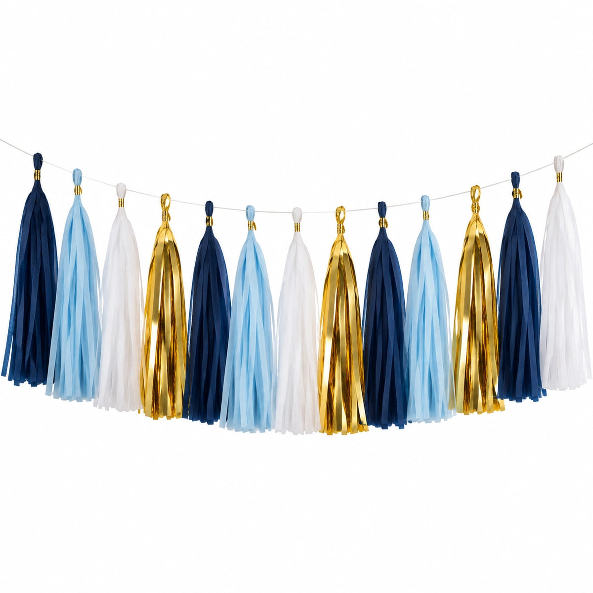 Quastengirlande 300 cm Papierfolie Blau Hellblau Weiß Gold Hängedekoration