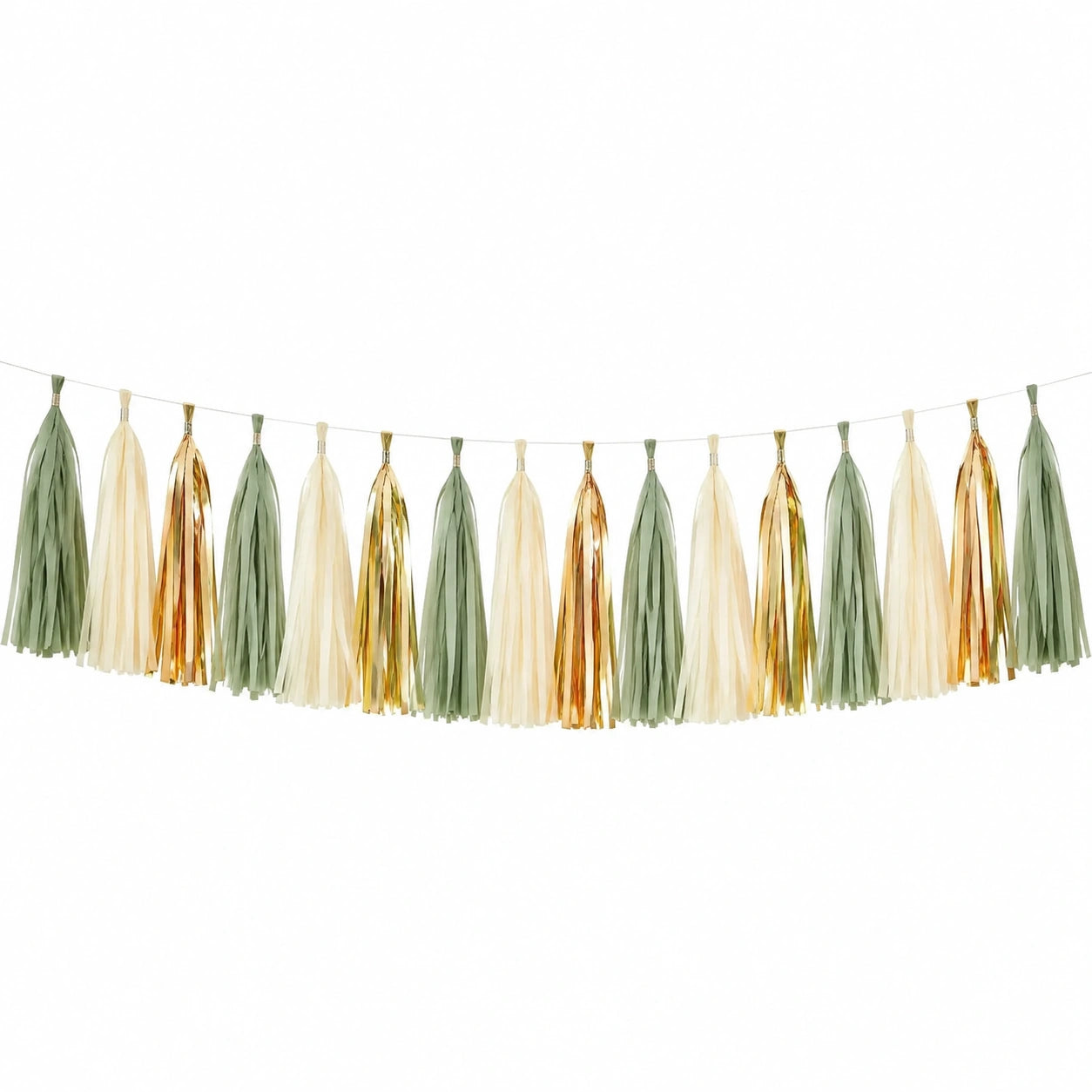 Quastengirlande 300 cm Papier Folie Salbeigrün Creme Gold hängende Partydekoration