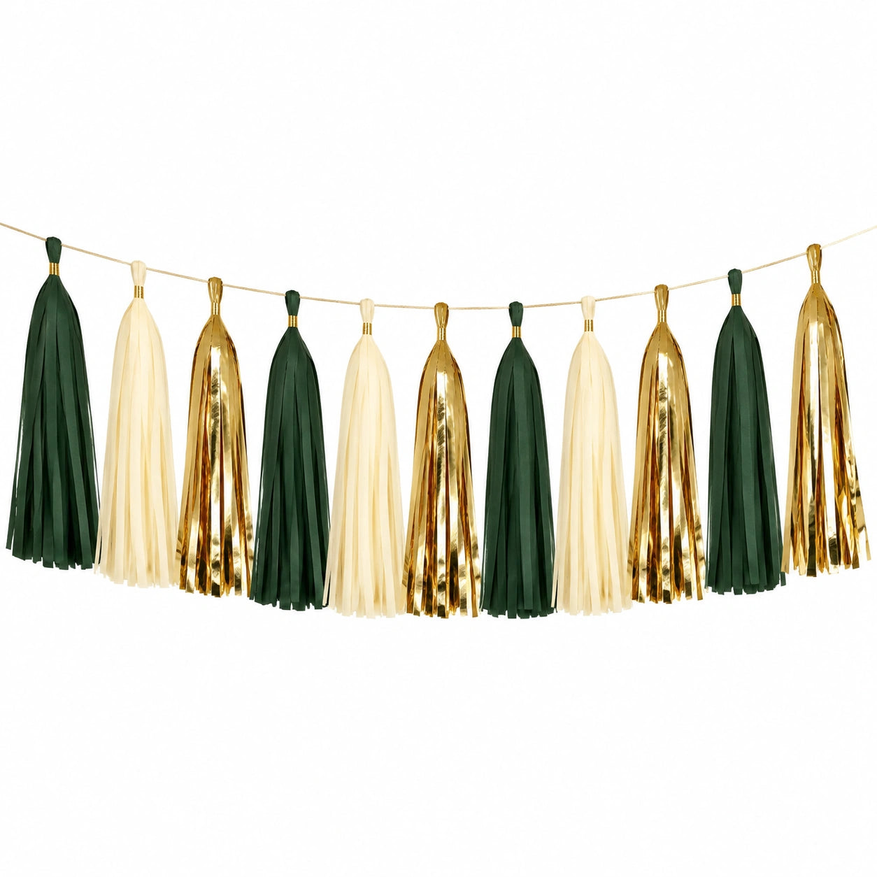 Quastengirlande 200 cm aus Papier Grün Creme Gold für Partydekoration