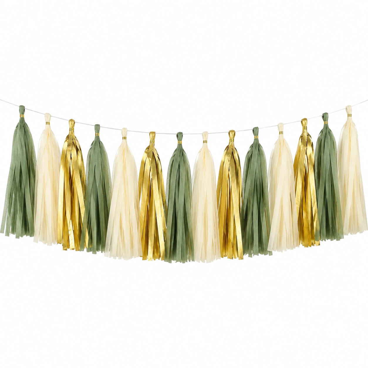 Quastengirlande 300 cm aus Papier Grün Creme Gold für Partydekoration