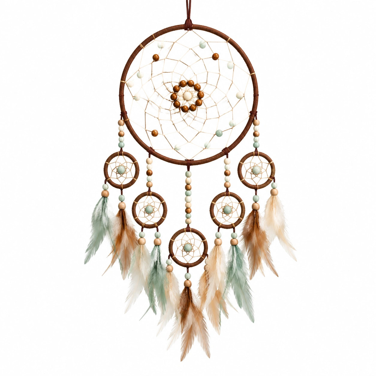 Traumfänger 30 x 75 cm Braun Beige Grün mit Federn Boho Wanddekoration