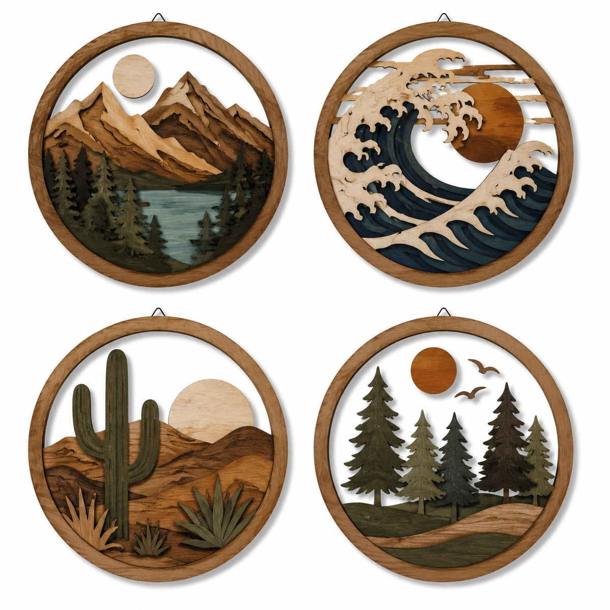 4er Set Wandbilder 30 cm aus Holz mit Natur Landschaftsmotiven