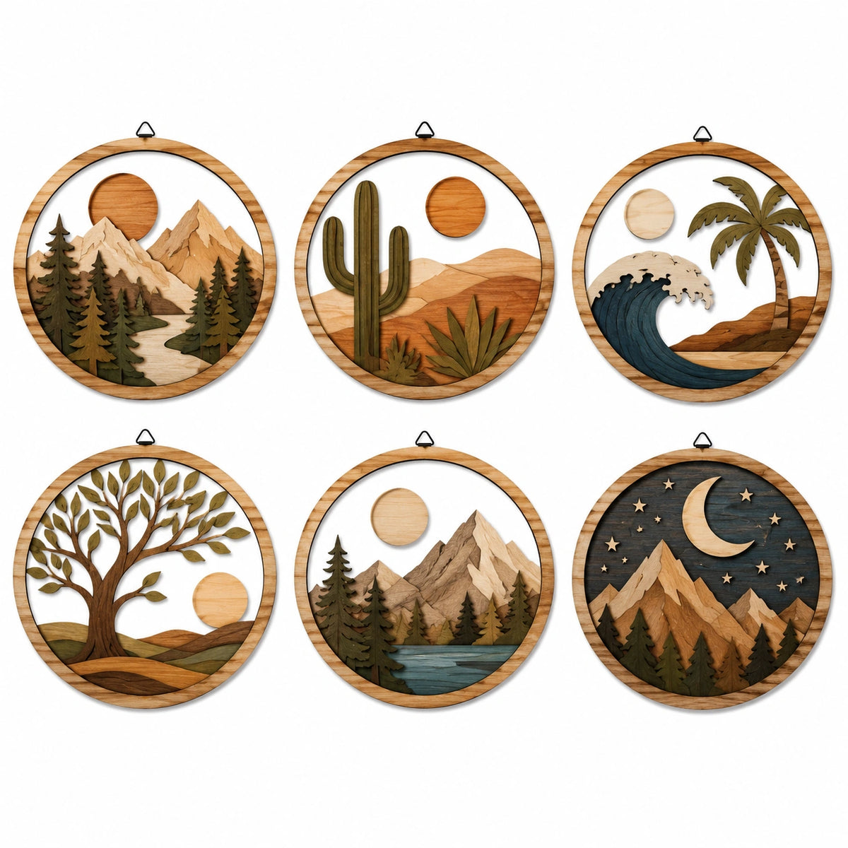 Wanddekoration Set 6-teilig Ø 28 cm Holz Naturbraun Grün Landschaftsmotive zum Aufhängen