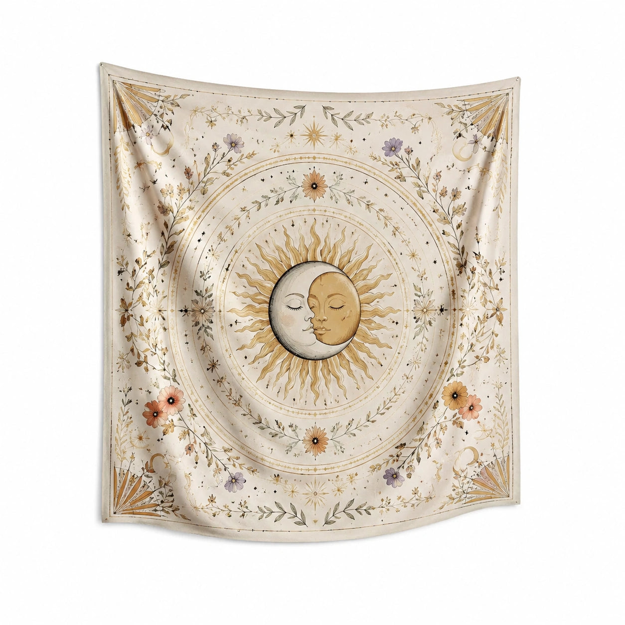 Wandteppich 150 x 150 cm Textilgewebe Creme Gold Blumenmotiv Sonnen Mond Boho Wanddekoration