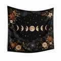 Wandteppich 150 x 130 cm aus Textilgewebe in Schwarz mit Mondphasen und Blumenmotiv