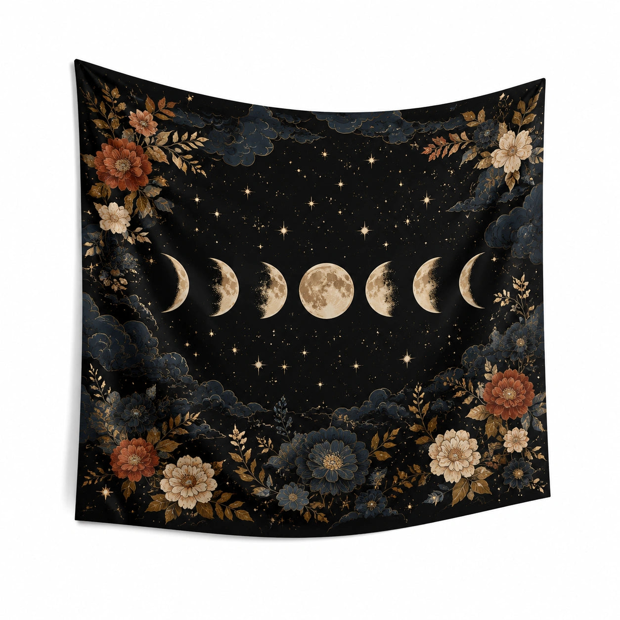 Wandteppich 150 x 130 cm aus Textilgewebe in Schwarz mit Mondphasen und Blumenmotiv
