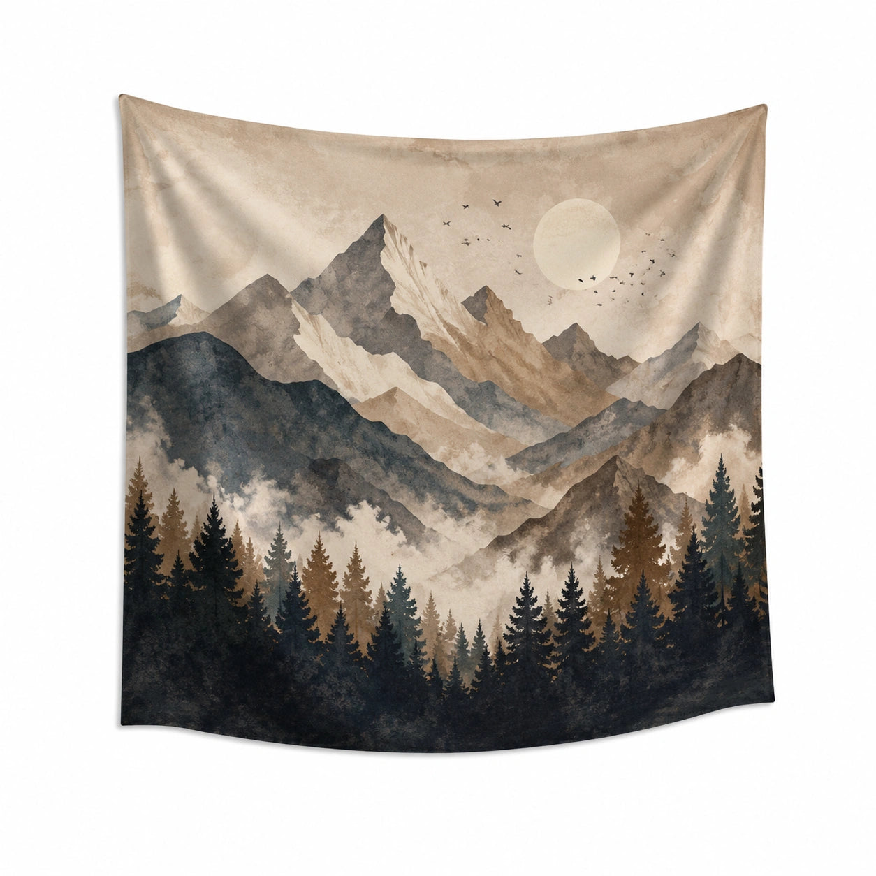 Wandteppich 150 x 130 cm Textilgewebe Beige Braun Berglandschaft Mondmotiv