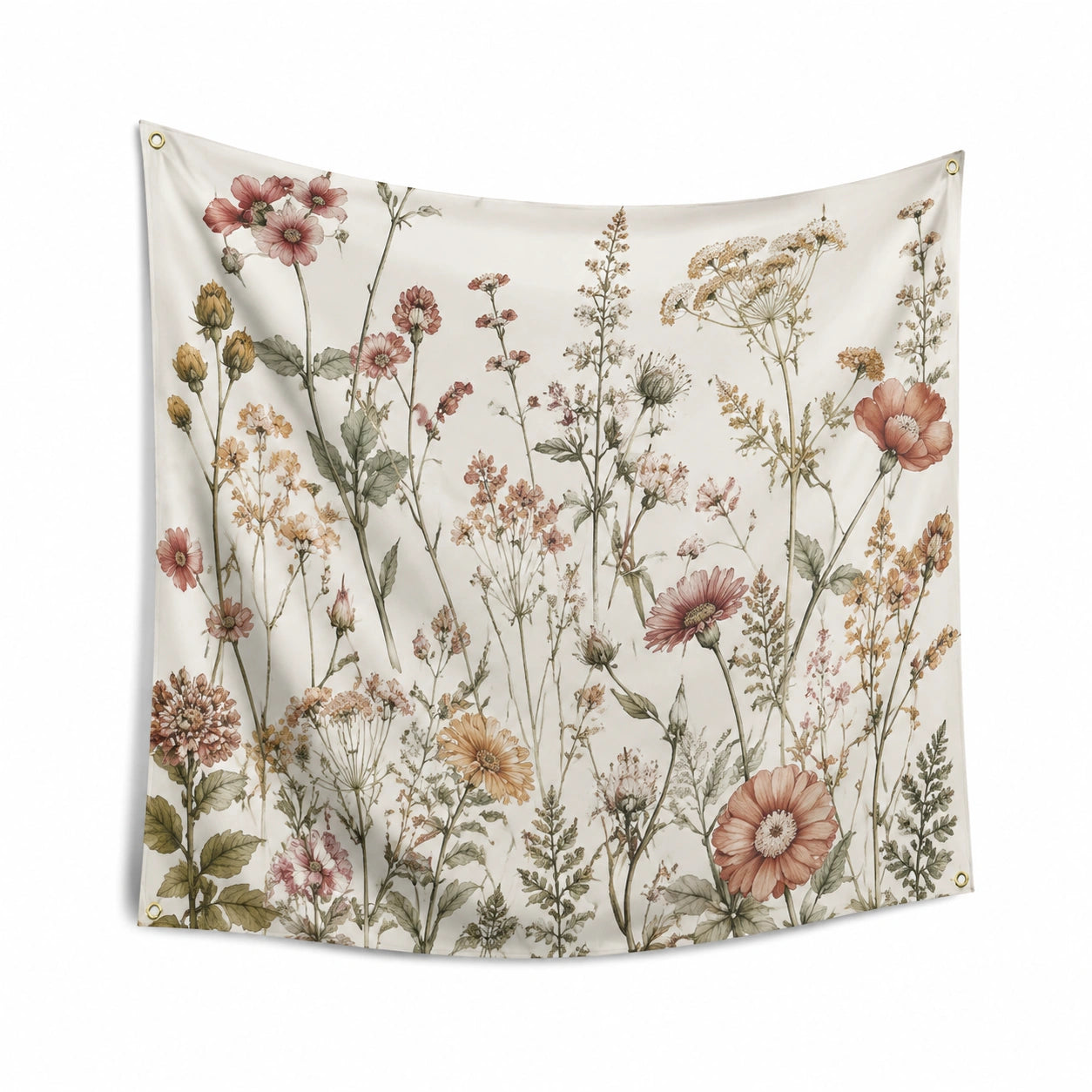 Wandteppich 150 x 150 cm Textil Creme Blumenmotiv mit Ösen
