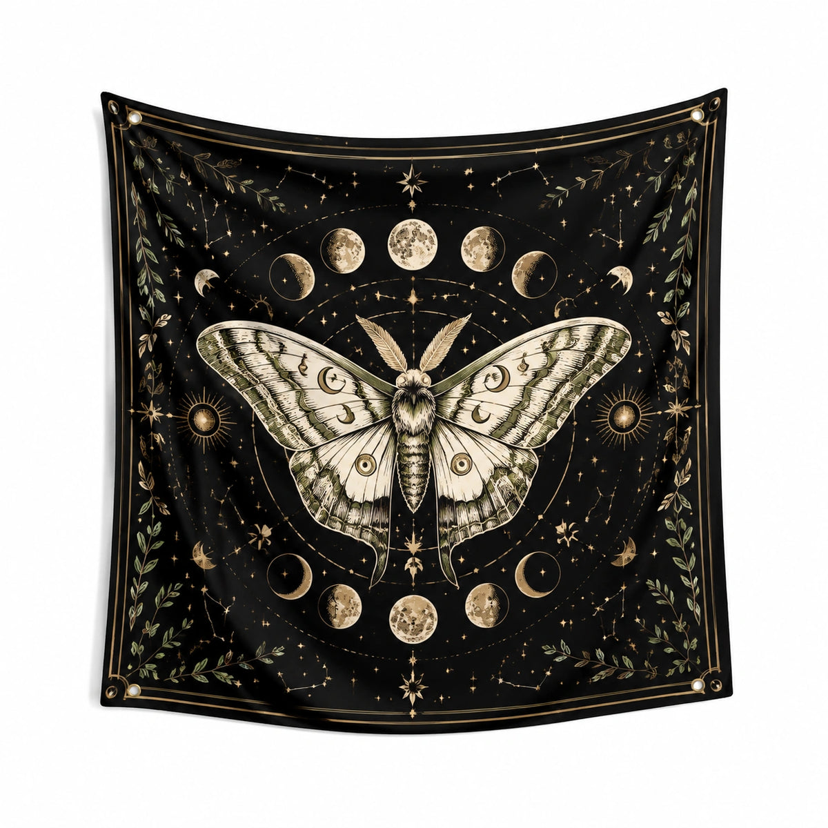 Wandteppich 150 x 150 cm aus Polyester Schwarz mit Mottenmotiv für Wanddekoration im mystischen Stil